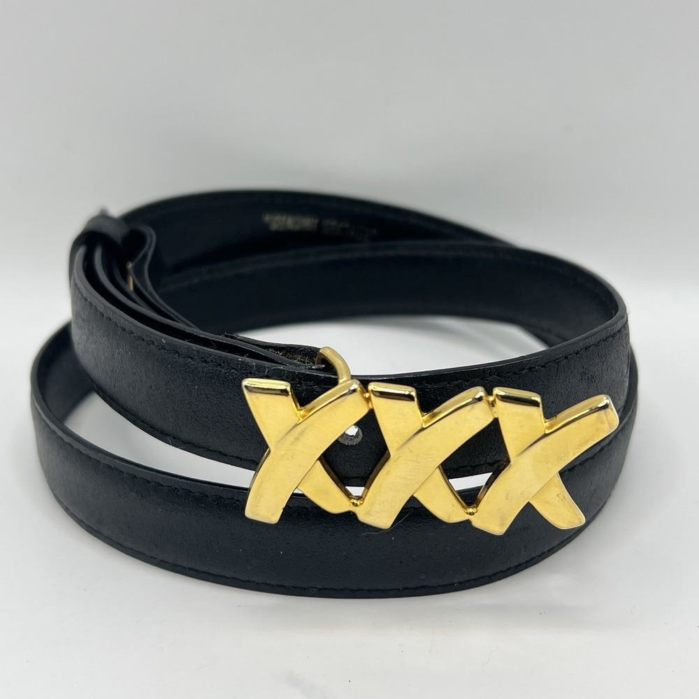 VTG Paloma Picasso Black Leather Belt Triple XXX Gold Tone Buckle S/70 Italy